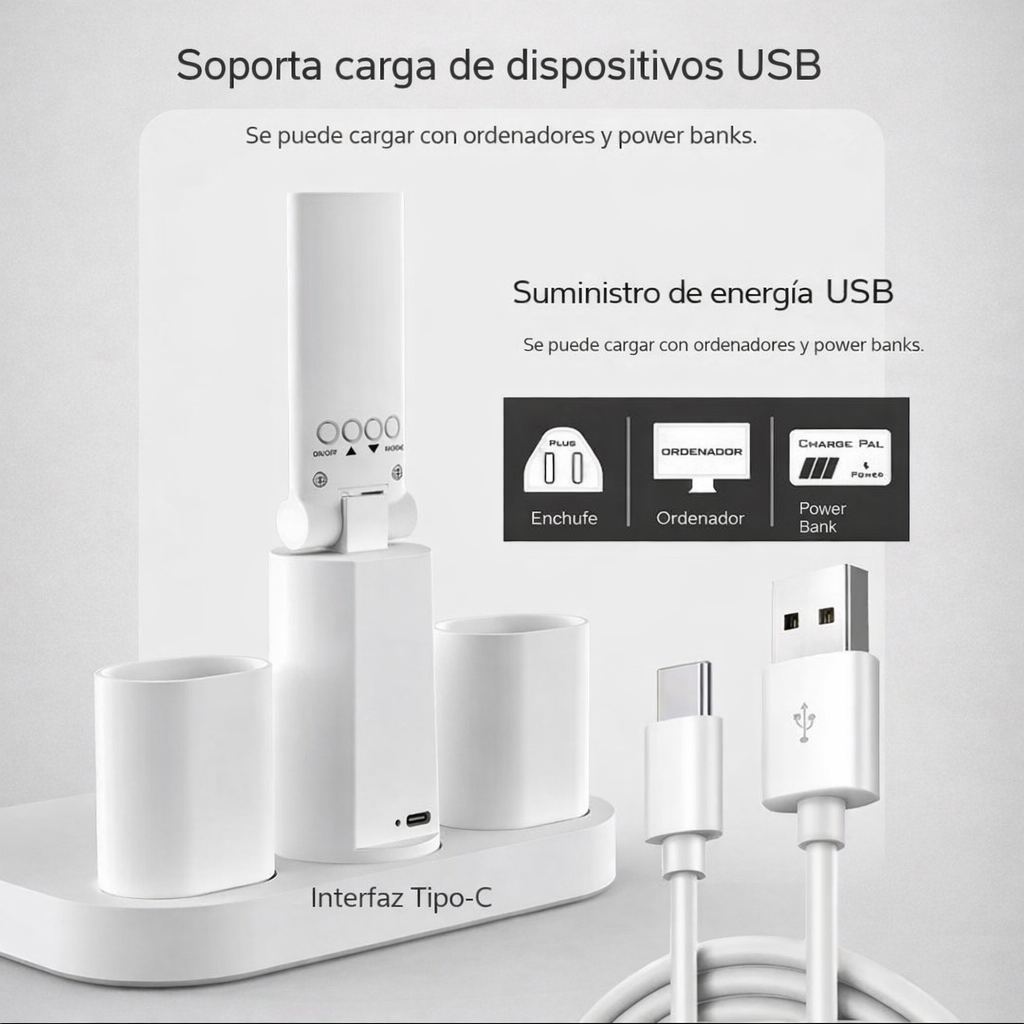 Lámpara LED para estudio con soporte de carga USB y varios puertos de conexión.