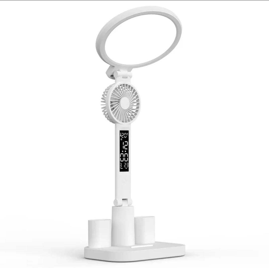 lámpara LED para estudio con ventilador y reloj digital, diseño moderno y funcional para mesa de trabajo.